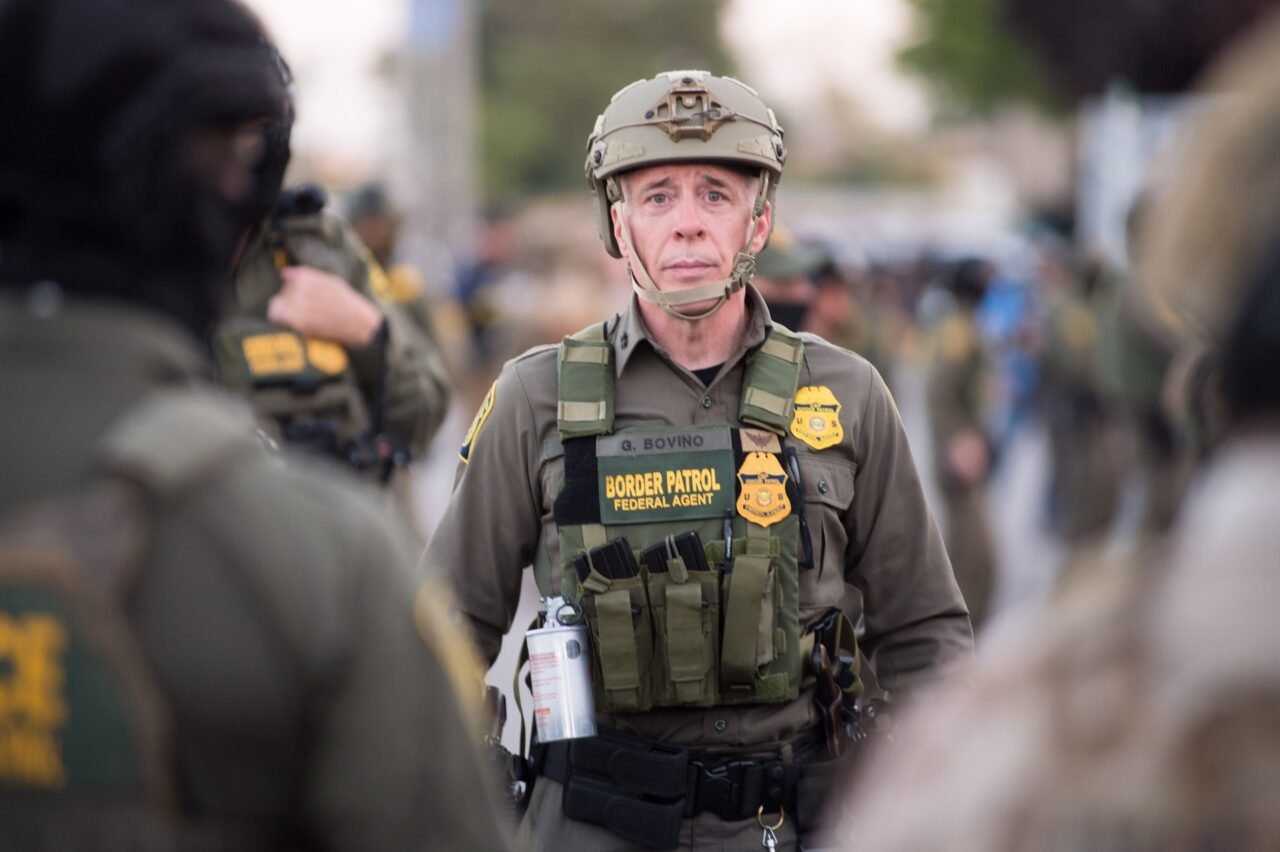 Border Patrol Chief Gregory Bovino of the El Centro Sector stands amid a protest outside an ICE facility in Broadview on September 27, 2025.